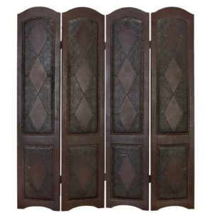 DecMode 64" x 71" Brown Faux Leather Scroll Foldable Partition 4 Panel Room Divider Screen with Faux Leather Detailing, 1-Piece