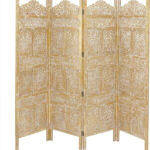 DecMode 80" x 71" Gold Wooden Floral Handmade Foldable Partition 4 Panel Room Divider Screen with Foiled Intricately Carved Designs, 1-Piece
