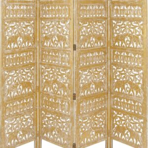 DecMode 80" x 72" Gold Wooden Scroll Handmade Foldable Partition 4 Panel Room Divider Screen with Carved Elephant Accents, 1-Piece