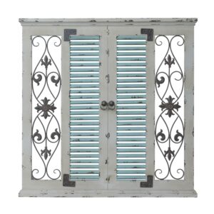 DecMode Beige Wooden Window Shutter Scroll Wall Decor with Metal Scrollwork Relief