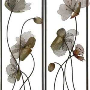 DecMode Black Metal Floral Wall Decor with Green and Orange Accents (2 Count)