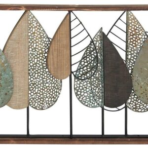 DecMode Brown Wood Cutout Leaf Wall Decor with Green and Black Metal Wire Accents