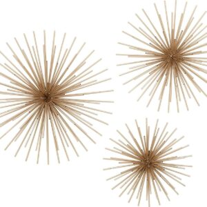 DecMode Contemporary Gold Metal 3D Starburst Wall Décor, Set of 3 16", 20", 24"D