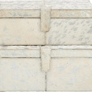 DecMode Handmade Cowhide Storage Silver Leather Decorative Box with Stitching Detail, 2 Count