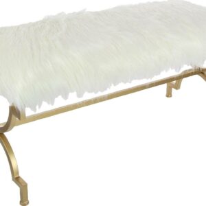 DecMode Metal Bench with White Faux Fur Top, Gold