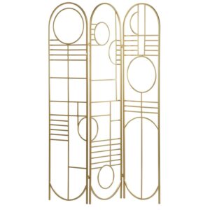 DecMode Modern 3 Panel Metal Room Divider Screen with Geometric Pattern and Gold Finish, 50"W x 69"H
