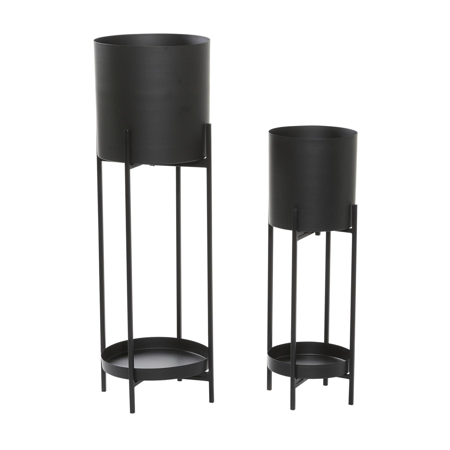 DecMode Modern Metal Cylinder Shape with Plate Planter, Set of 2 24"W, 33"H Features Matte Charcoal Black Finish - Image 6