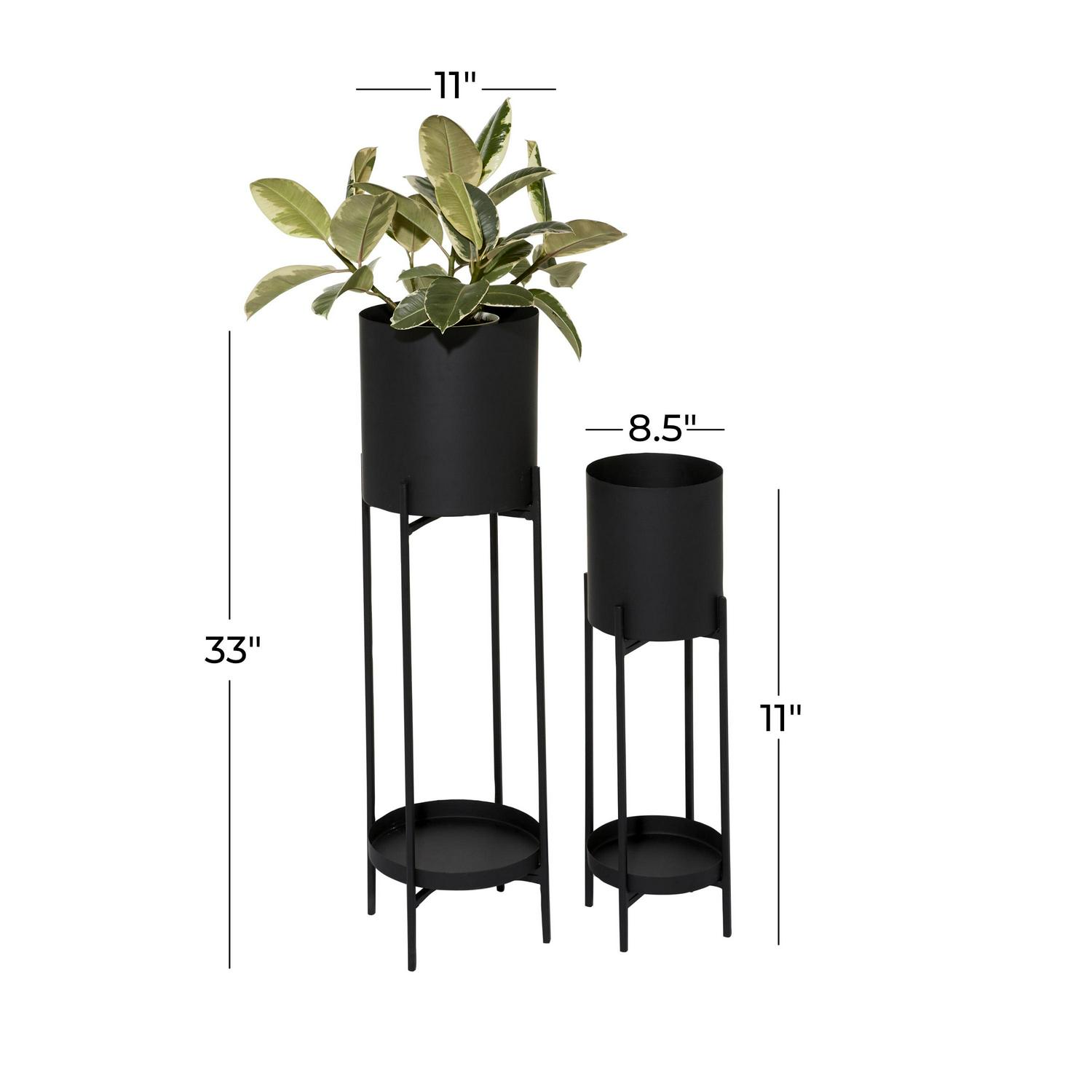 DecMode Modern Metal Cylinder Shape with Plate Planter, Set of 2 24"W, 33"H Features Matte Charcoal Black Finish - Image 3