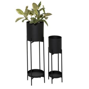 DecMode Modern Metal Cylinder Shape with Plate Planter, Set of 2 24"W, 33"H Features Matte Charcoal Black Finish