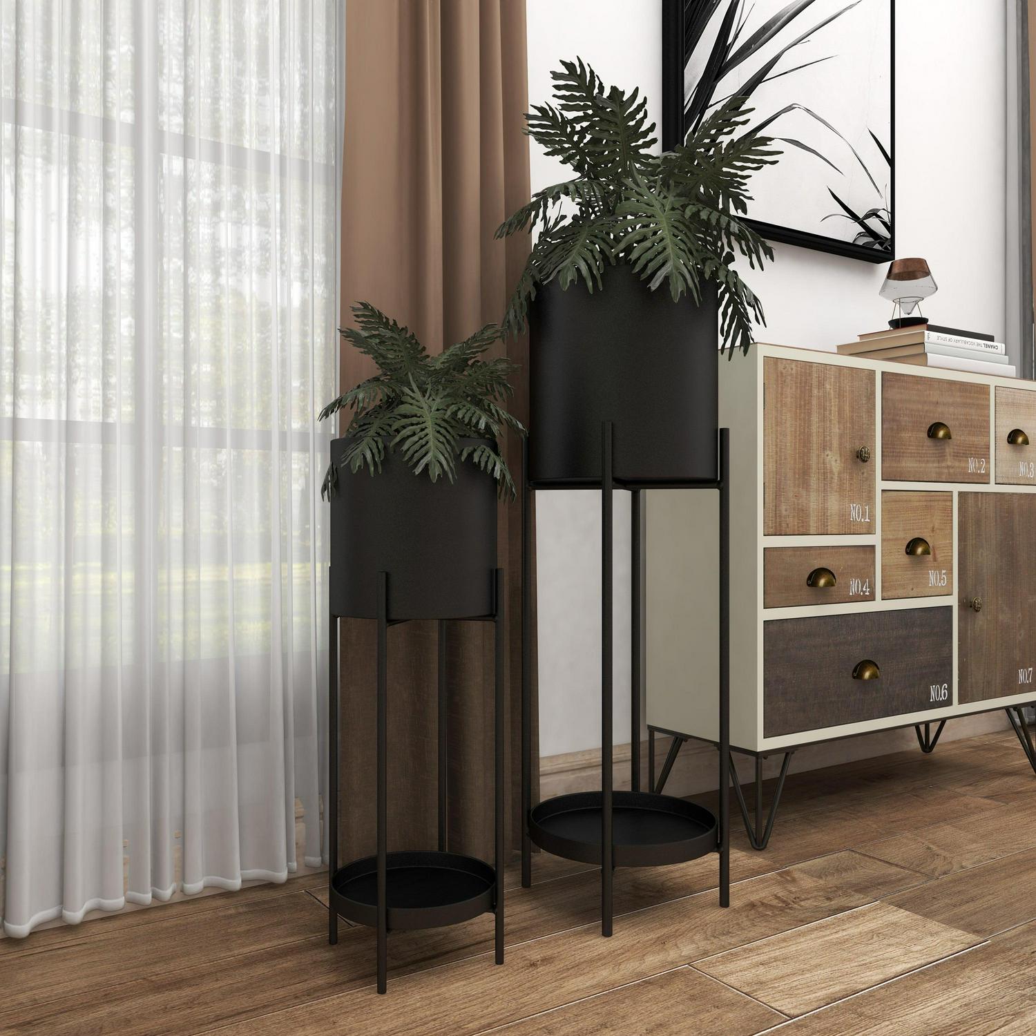 DecMode Modern Metal Cylinder Shape with Plate Planter, Set of 2 24"W, 33"H Features Matte Charcoal Black Finish - Image 8