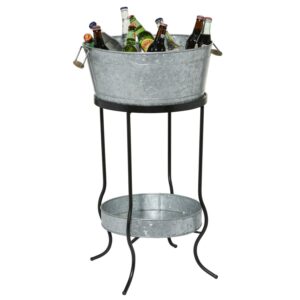 DecMode Round Metal Tall Floor Galvanized "Cheers!" Gray Ice Bucket with Lower Tray Shelf