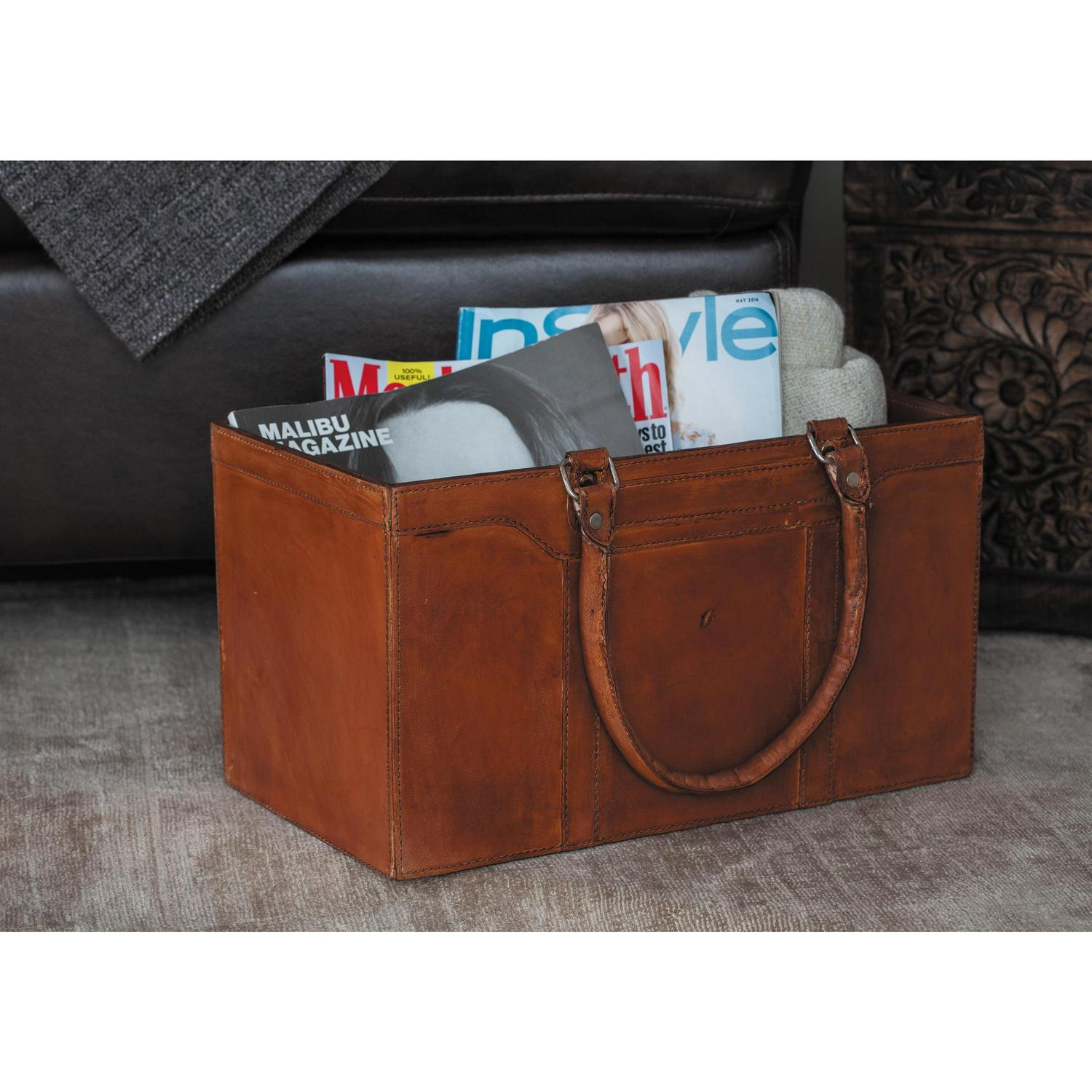 DecMode Rustic Leather Brown Rectangular Magazine Holder with Strap Handles, 15"W x 16"H - Image 2