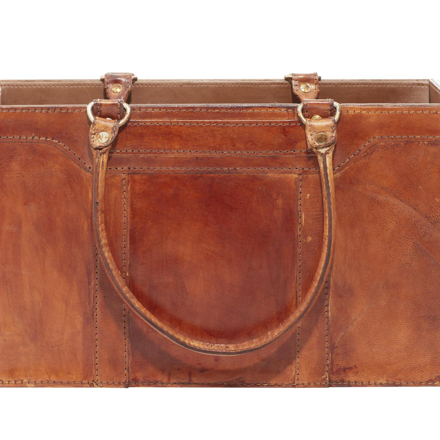 DecMode Rustic Leather Brown Rectangular Magazine Holder with Strap Handles, 15"W x 16"H - Image 5