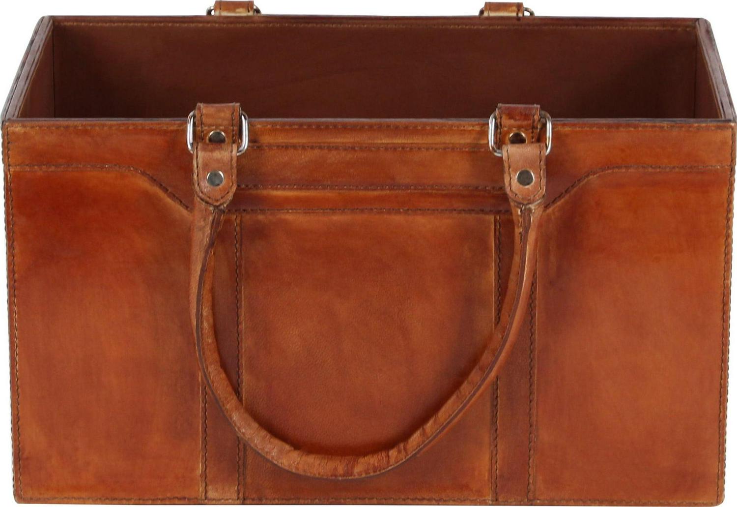 DecMode Rustic Leather Brown Rectangular Magazine Holder with Strap Handles, 15"W x 16"H
