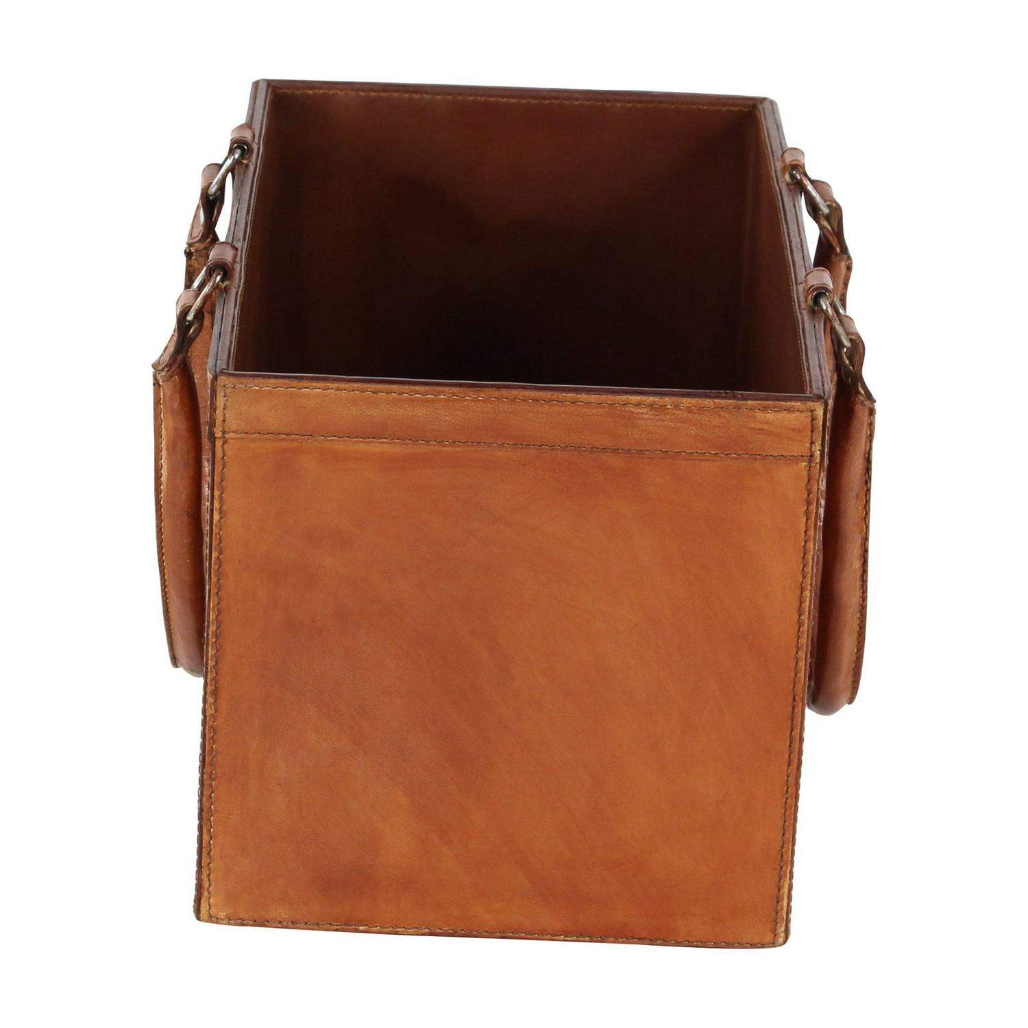 DecMode Rustic Leather Brown Rectangular Magazine Holder with Strap Handles, 15"W x 16"H - Image 7