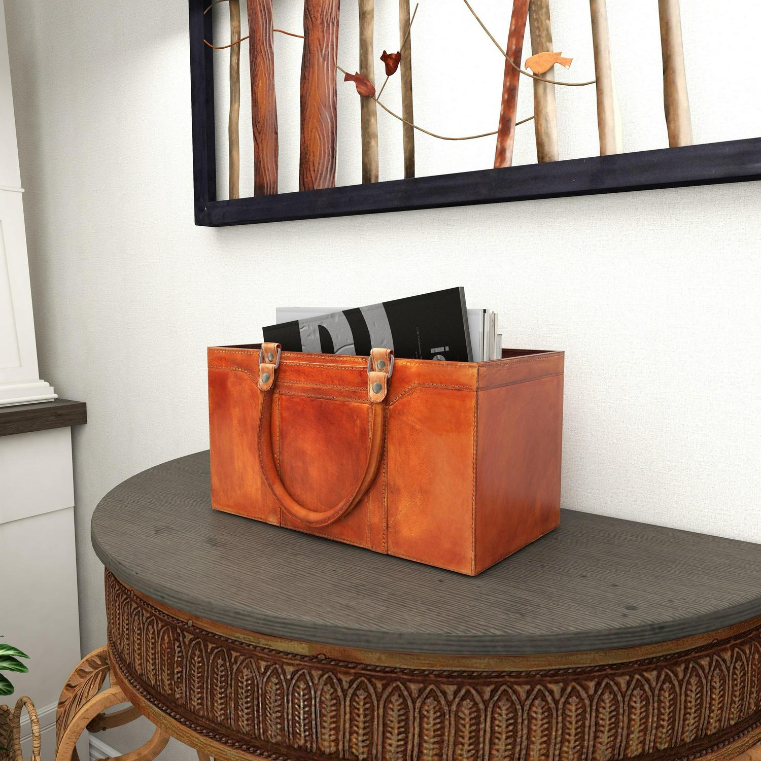 DecMode Rustic Leather Brown Rectangular Magazine Holder with Strap Handles, 15"W x 16"H - Image 12