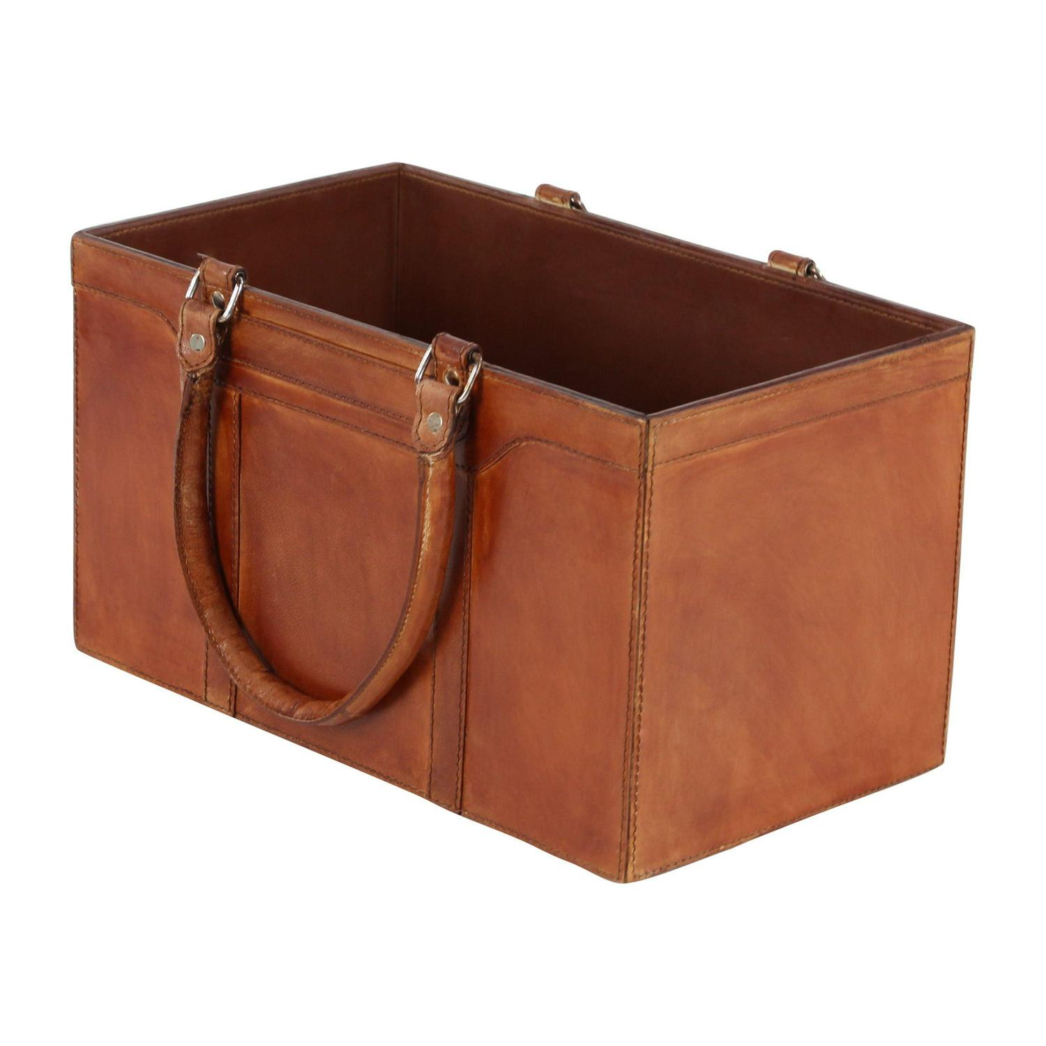 DecMode Rustic Leather Brown Rectangular Magazine Holder with Strap Handles, 15"W x 16"H - Image 8