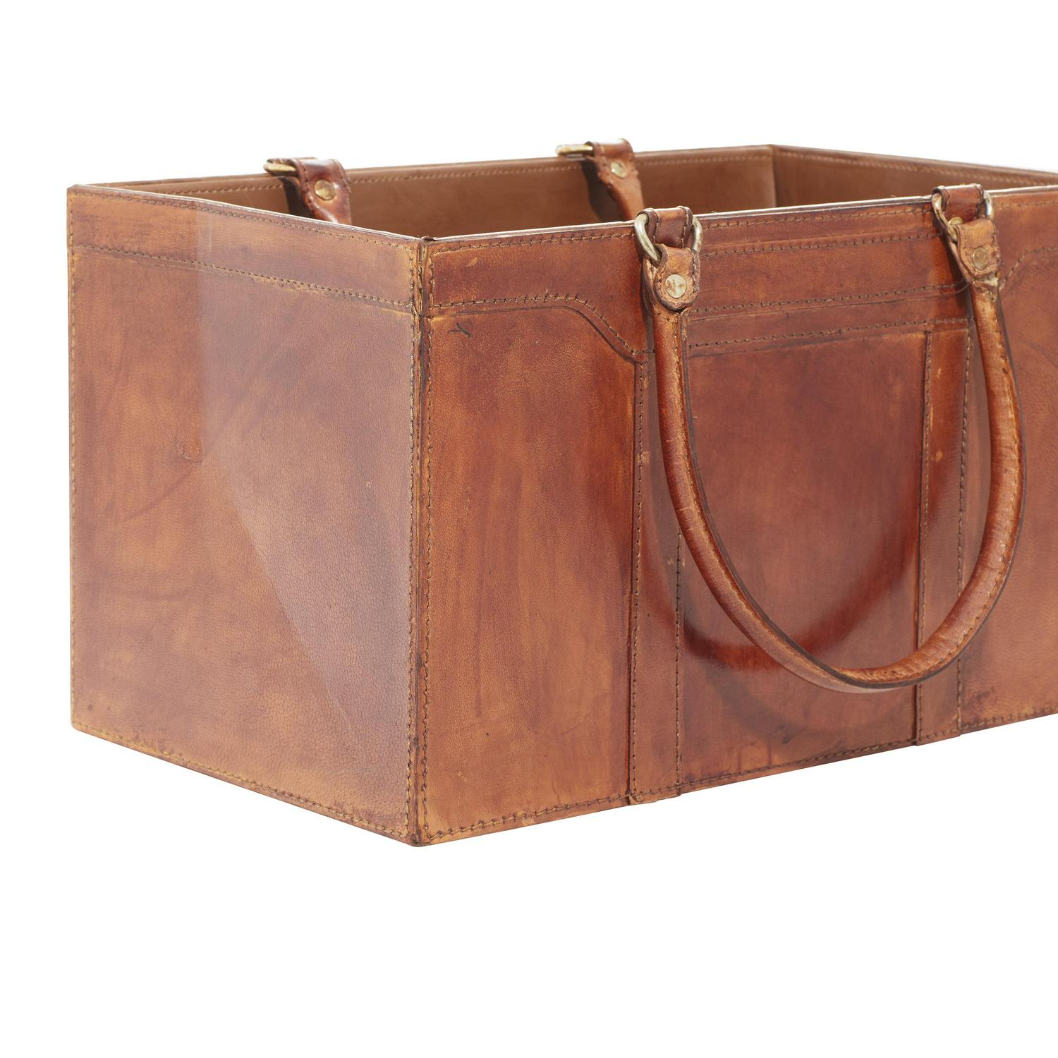 DecMode Rustic Leather Brown Rectangular Magazine Holder with Strap Handles, 15"W x 16"H - Image 4
