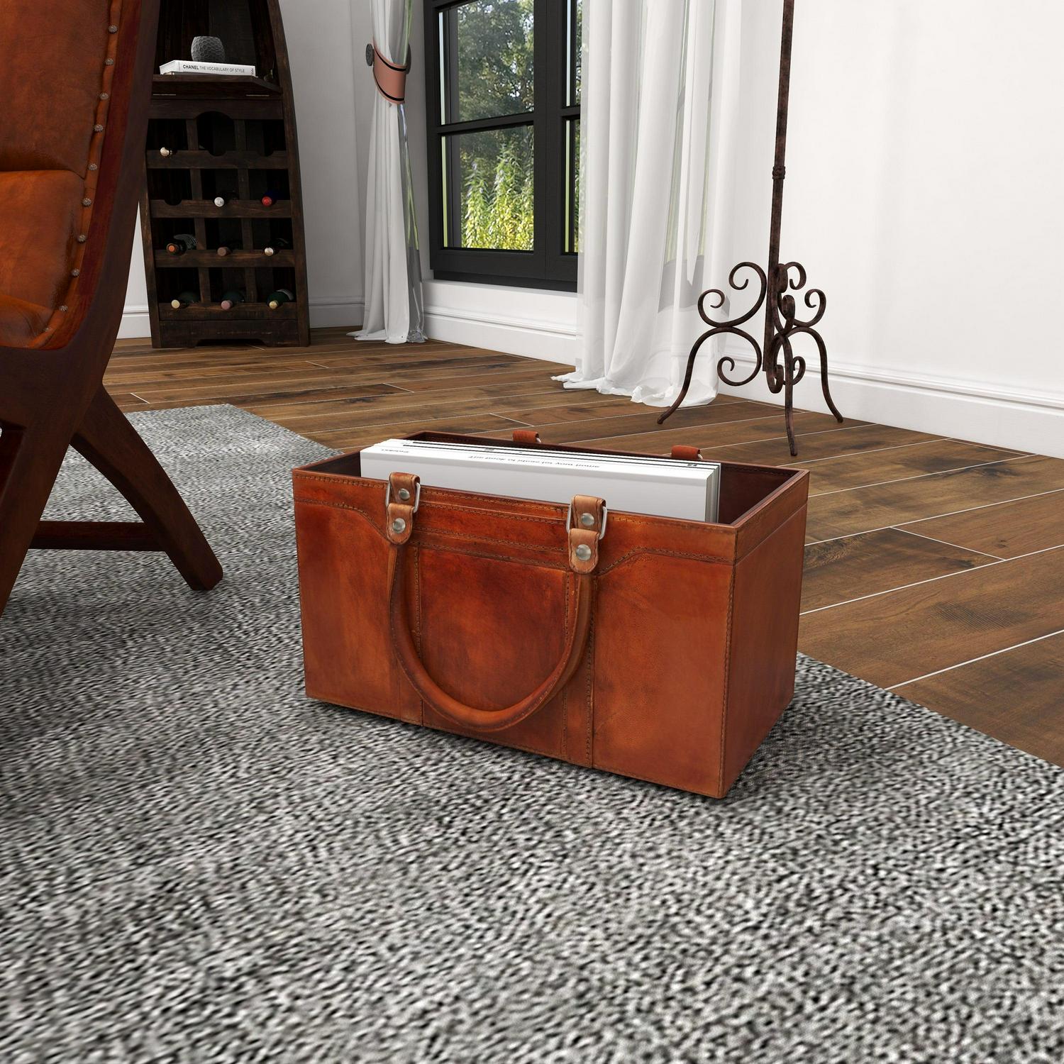 DecMode Rustic Leather Brown Rectangular Magazine Holder with Strap Handles, 15"W x 16"H - Image 11