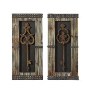 DecMode Rustic Wood 3D Skeleton Keys Framed Wall Décor with Natural Brown Finish, Set of 2 14"W x 30"H