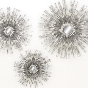 DecMode Silver Metal 3D Looped Sunburst Wall Decor with Mirror Accent (3 Count)