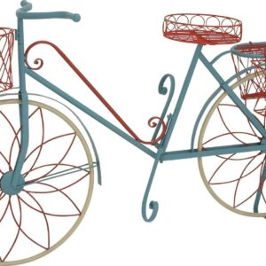DecMode Vintage Turquoise/Red 3 Tier Bicycle Inspired Metal Plantstand, 54"W x 32"H