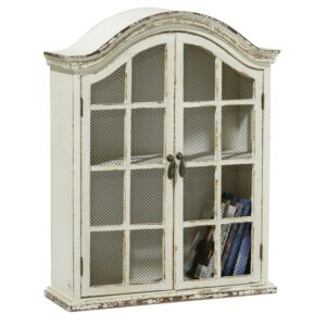 DecMode Vintage White Wood Wall Décor with Glass Doors and Shelving, 22"L x 8"W x 28"H