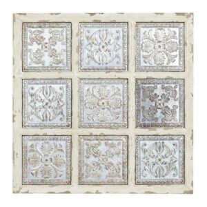 DecMode Gray Metal Embossed Floral Wall Decor with Distressed Cream Frame
