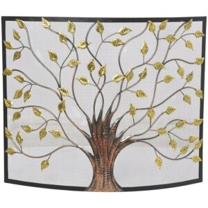 Dec Mode Farmhouse Metal Fireplace Screen with Brown and Green Tree Detail, 39"W x 33"H, Black Frame