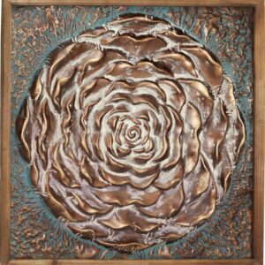Decmode Large Square Aqua & Bronze Metal Rose Wall Decor in Natural Wood Frame, 41.5” x 41.5”