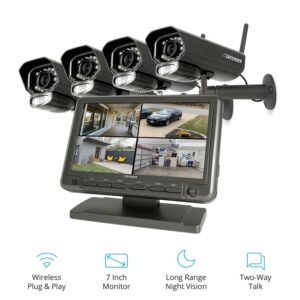 Defender PhoenixM2 Non Wi-Fi. Plug-in Power. Security Camera System with 7" Display Monitor and 4 Long-Range Night Vision Cameras, 32GB SD Card Recording, Plug & Play