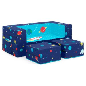 Delta Children Convertible Sofa and Play Set for Toddlers and Kids – Modular Foam Couch and Flip Out Lounger with 2 Ottomans, Spaceship
