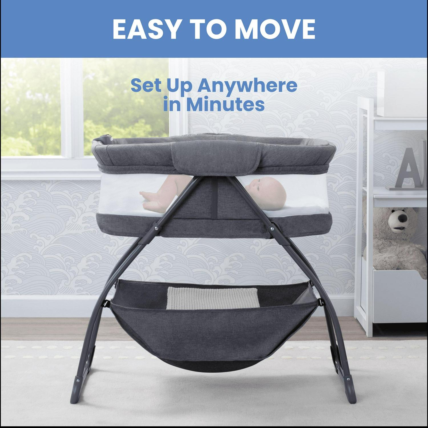 Delta Children TravelMate Compact Fold Bassinet - Features Lights, Sounds and Vibration, Grey Tweed - Image 2