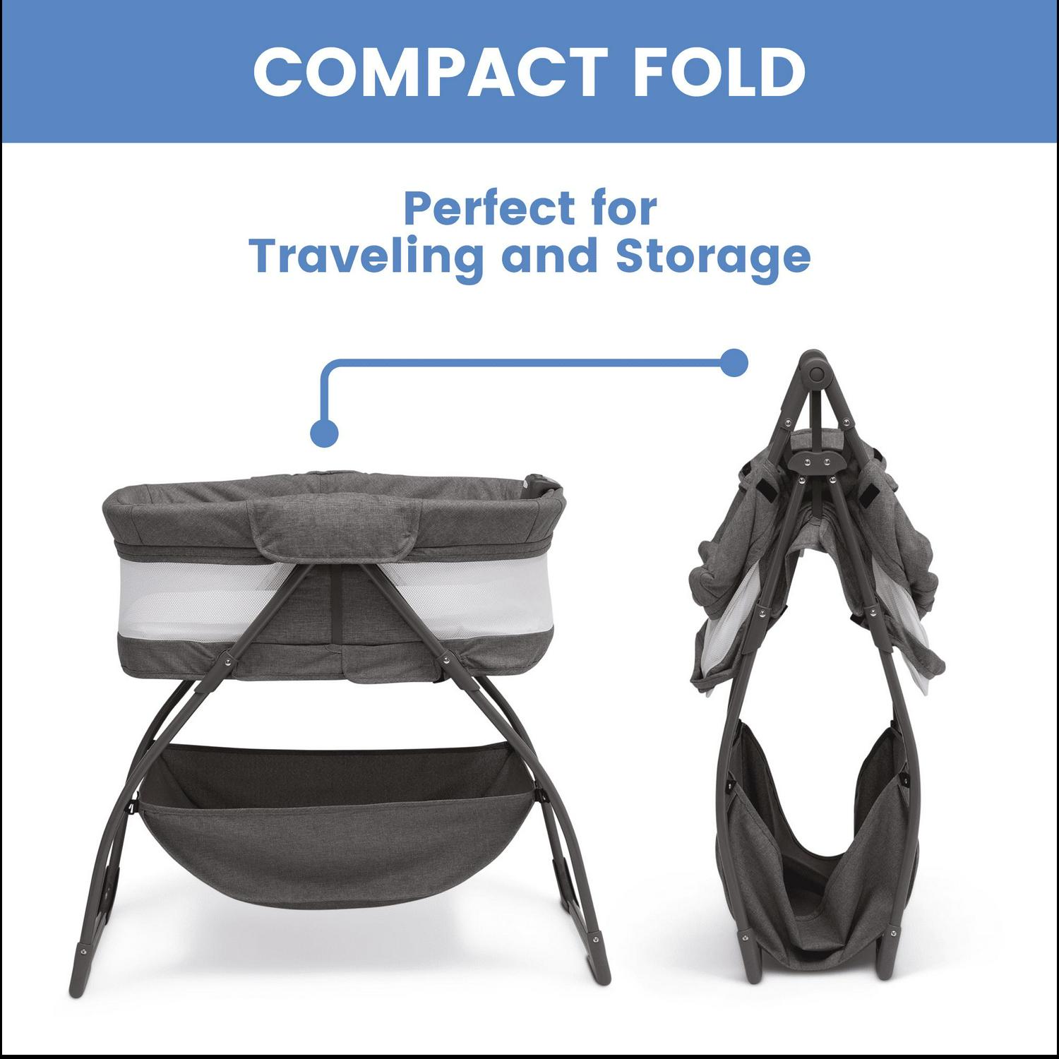 Delta Children TravelMate Compact Fold Bassinet - Features Lights, Sounds and Vibration, Grey Tweed - Image 3