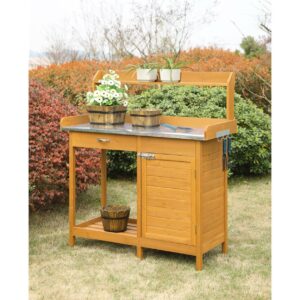 Deluxe Potting Bench with Cabinet in Off White Light Oak Wood Finish