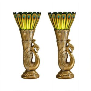 Design Toscano Art Deco Peacock Sculptural Table Lamp: Set of Two