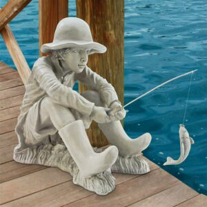Design Toscano Gone Fishing Fisherman Boy Garden Statue, 17 Inch, Polyresin, Two Tone Stone