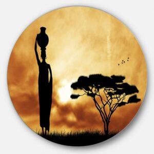 Designart African Woman and Lonely Tree'African Landscape Metal Circle Wall Art