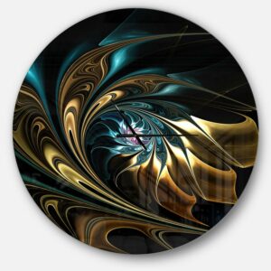 Designart 'Brown Blue Fractal Flower in Black' Metal Wall Clock