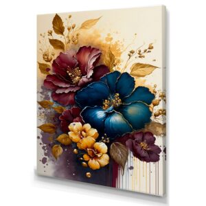 Designart Burgundy And Blue Hibiscus Bunch III Canvas Wall Art