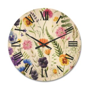 Designart 'Coloful Wildflowers Floral Pattern I' Traditional Wood Wall Clock