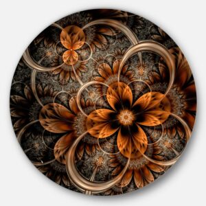 Designart 'Dark Orange Digital Art Fractal Flower' Floral Metal Circle Wall Art