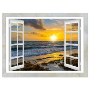 Designart 'Open Window to Bright Yellow Sunset ' Modern Seascape Canvas Artwork
