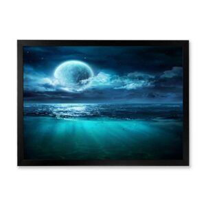 Designart 'Romantic Moon and Clouds Over Deep Blue Sea II' Nautical & Coastal Framed Art Print