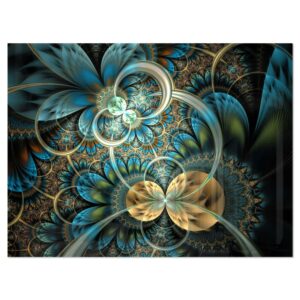 Designart 'Symmetrical Blue Gold Fractal Flower ' Large Contemporary Metal Wall Art Panels