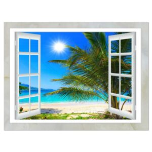 Designart 'Window Open to Beach with Palm' Metal Wall Art