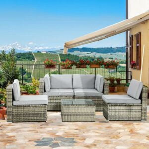 Dextrus 5 Piece Outdoor Patio Set, Wicker Sectional Sofas Rattan Conversation Set with Cushions, Pillows and Coffee Table
