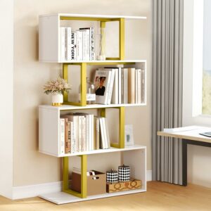 Dextrus 5-Tier S-Shape Bookshelf, Modern Wood & Metal Bookcase for Living Room, Bedroom, Home Office – Gold