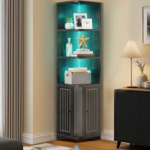 Dextrus 71.1“ Corner Cabinet with LED Lights, Tall Corner Storage Cabinet with Door & Shelves, Wooden Display Corner Shelf, Corner Bookshelf and Bookcase, for Kitchen, Living Room or Bedroom, Black