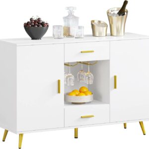 Dextrus Buffet Cabinet, Sideboard & Buffet with Storage, Credenza with Adjustable Shelf, Wine Glass Holder, Drawers for Kitchen, Dining Room , White & Gold